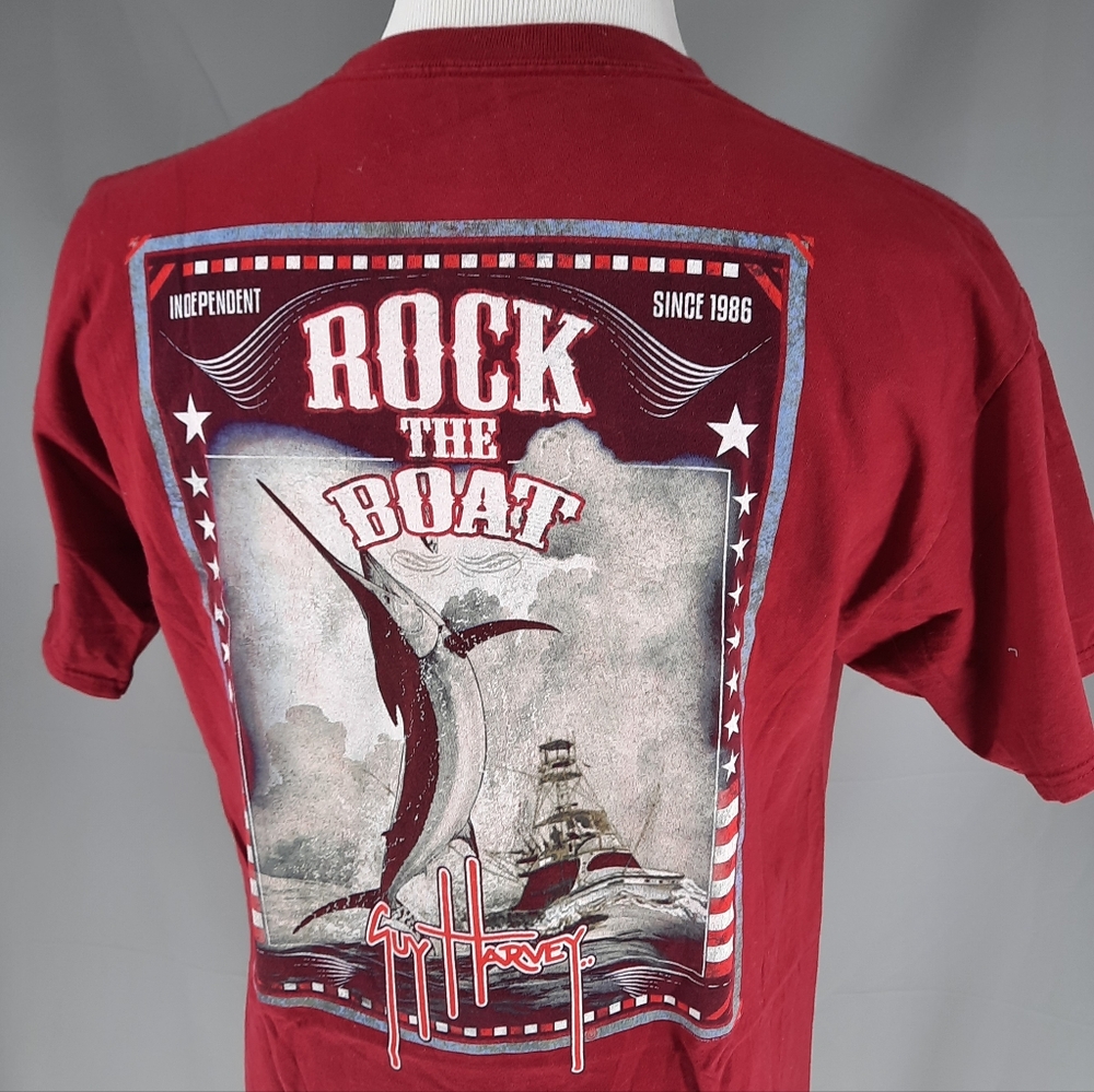 Guy Harvey Rock The Boat Red Pocket T-Shirt Adult Size L Marlin Fishing